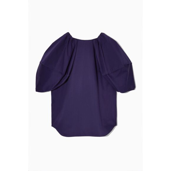 COS Womens Puff Sleeve Blouse Top Navy Blue 10 Medium Cotton Minimal Sustainable - Picture 2 of 5